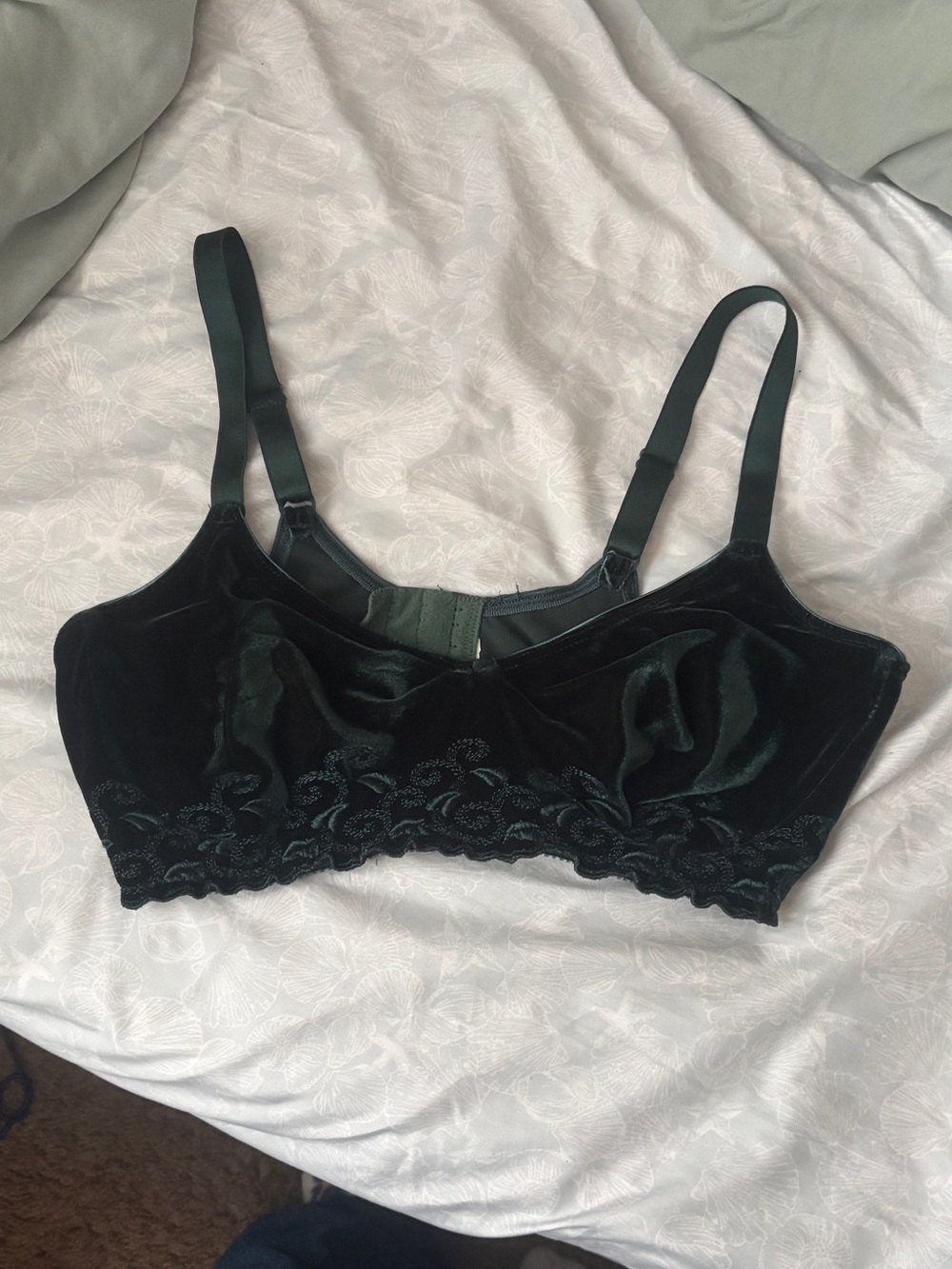 Velvet Lace-Trim Bralette - Dark Green